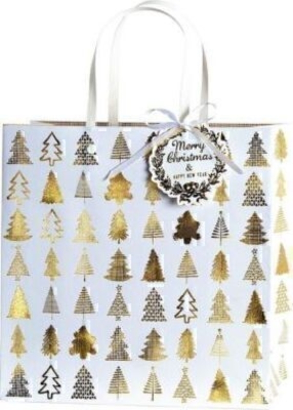 Christmas Gift Bag White with Gold Trees Belle Gold Large by Stewo. This quality gift bag by Swiss designers Stewo will not disappoint. It has all the quality and detailing you would expect from Stewo. This gift bag is made from thick card. The strong han